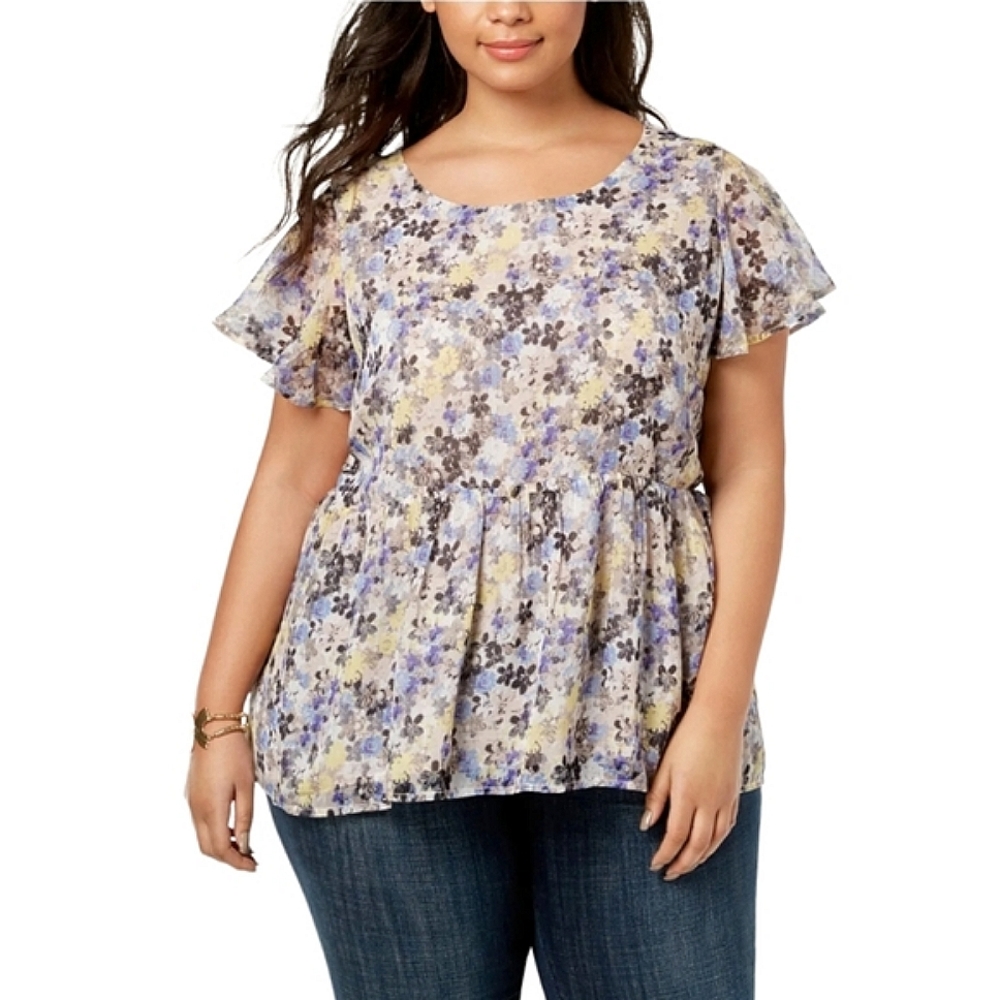 Lucky Brand Lavender & Yellow Floral Peplum Top | Size 1X